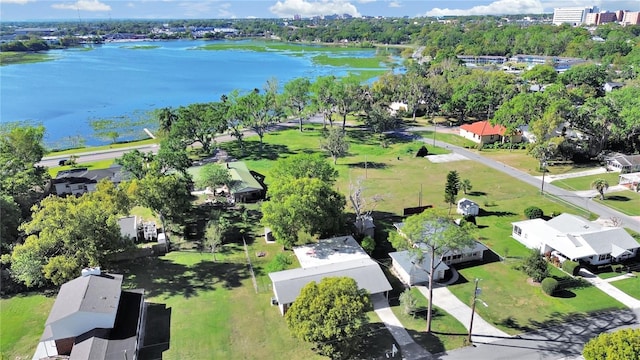 drone / aerial view with a water view