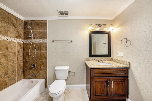 bathroom featuring visible vents, toilet, ornamental molding, vanity, and washtub / shower combination