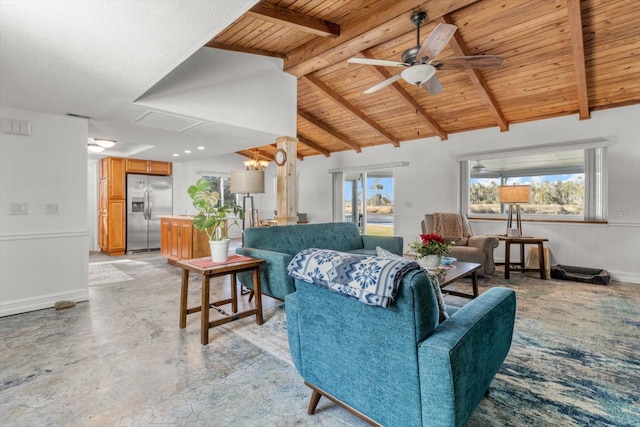 living room with high vaulted ceiling, ceiling fan with notable chandelier, wooden ceiling, and beam ceiling