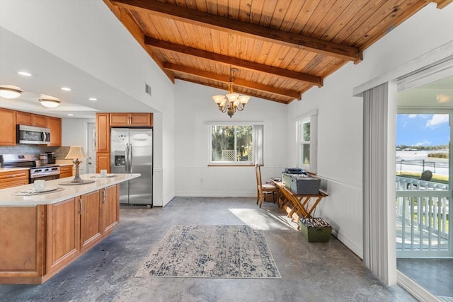 kitchen with a center island, lofted ceiling with beams, wooden ceiling, appliances with stainless steel finishes, and pendant lighting