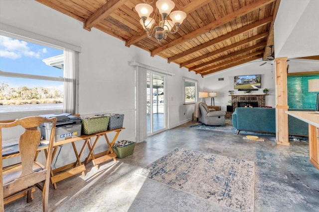 living room featuring a brick fireplace, wood ceiling, ceiling fan with notable chandelier, and lofted ceiling with beams