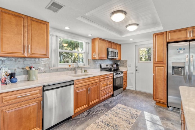 kitchen featuring a raised ceiling, appliances with stainless steel finishes, sink, and decorative backsplash