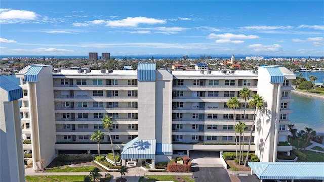 view of building exterior with a water view