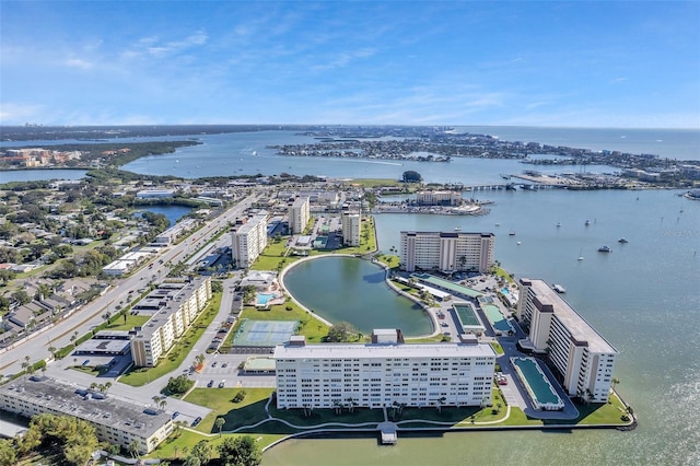 drone / aerial view with a water view