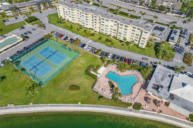 aerial view featuring a water view