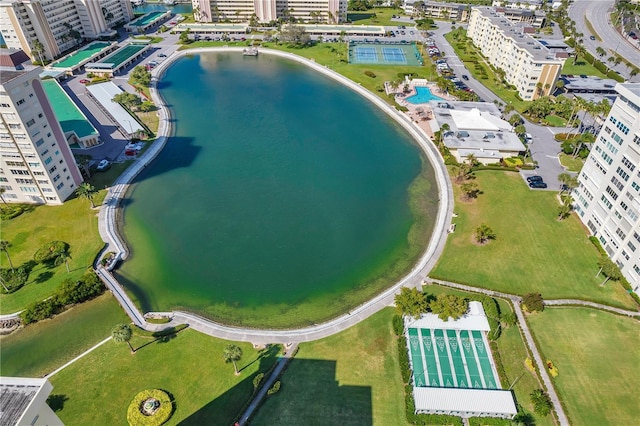 aerial view featuring a water view