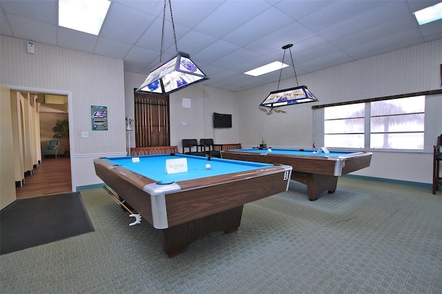 rec room with a paneled ceiling, billiards, and carpet