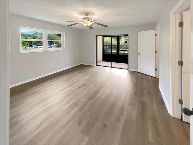 empty room with light wood-style floors, plenty of natural light, baseboards, and a textured ceiling