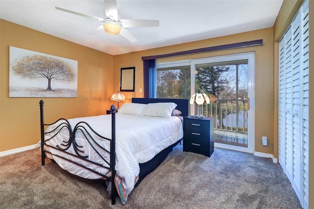 carpeted bedroom with ceiling fan and access to outside