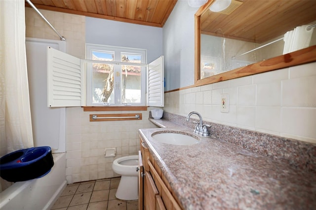 bathroom with tile walls, toilet, wood ceiling, vanity, and tile patterned floors