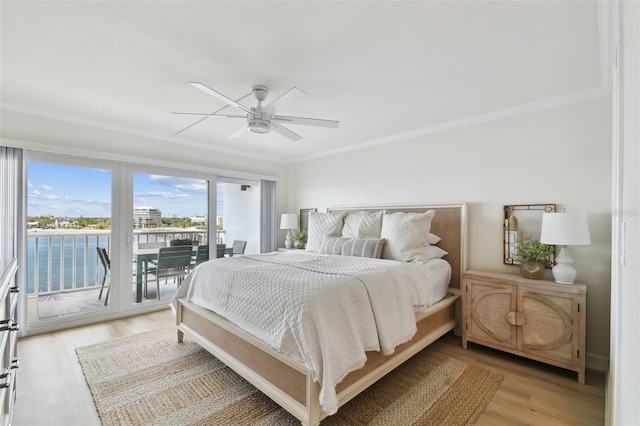 bedroom with crown molding, ceiling fan, access to exterior, and light wood-type flooring