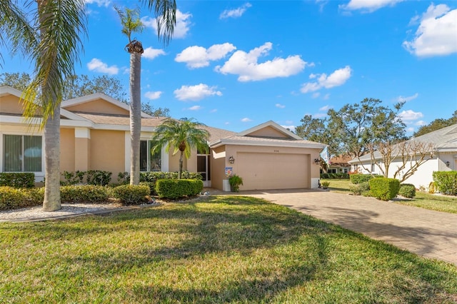 ranch-style home featuring a garage and a front lawn