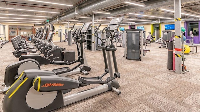 gym featuring light colored carpet