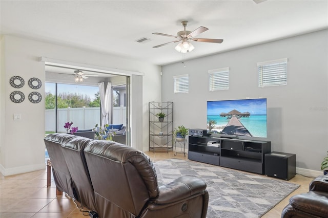 7580 Pool Compass Loop, Wesley Chapel, FL 33545 - tiled living room with baseboards, ceiling fan, and visible vents