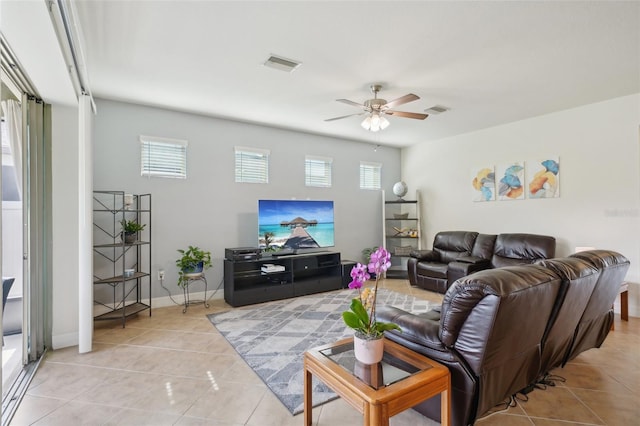 7580 Pool Compass Loop, Wesley Chapel, FL 33545 - living area featuring light tile patterned flooring, ceiling fan, visible vents, and baseboards