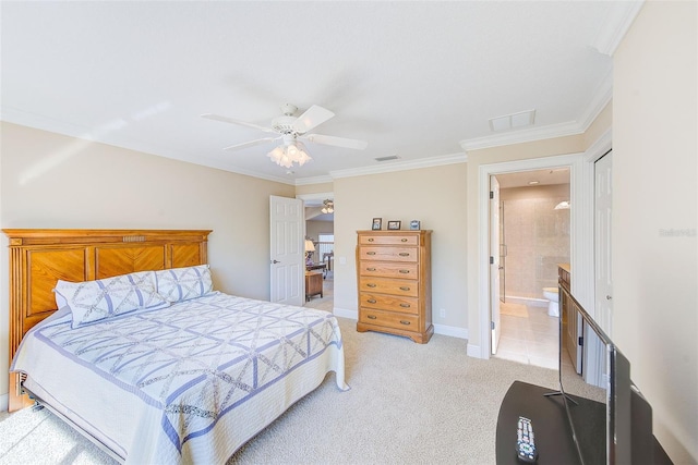 carpeted bedroom with connected bathroom, crown molding, and ceiling fan