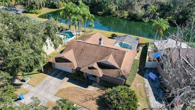 aerial view featuring a water view