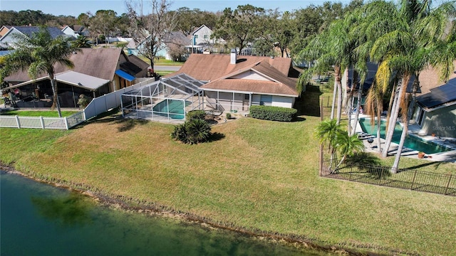 drone / aerial view with a water view