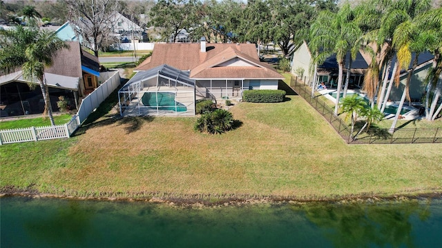 drone / aerial view featuring a water view