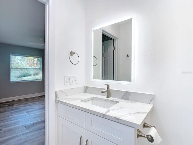 bathroom featuring hardwood / wood-style flooring and vanity