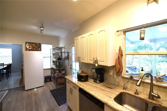 kitchen featuring sink, stainless steel dishwasher, dark hardwood / wood-style floors, light stone countertops, and white cabinets