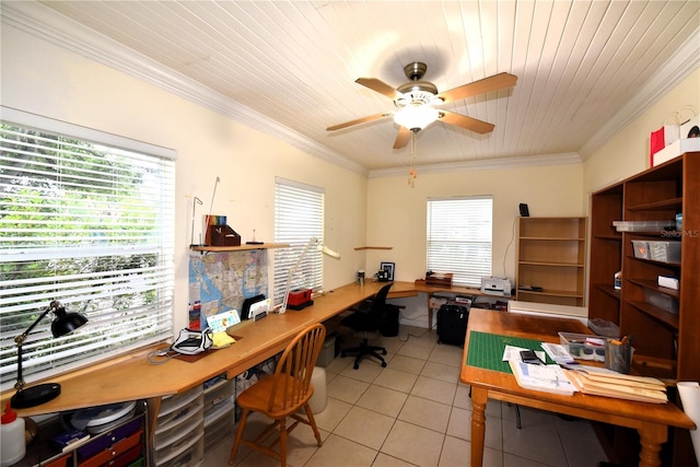 tiled office featuring wood ceiling, ornamental molding, and ceiling fan