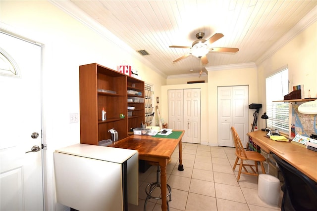 tiled office space featuring crown molding, ceiling fan, and wood ceiling