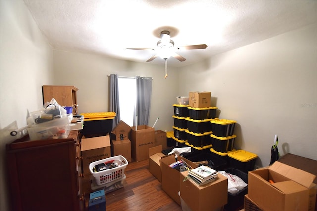 storage area featuring ceiling fan