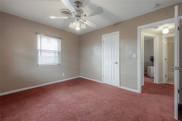 unfurnished bedroom with carpet floors and ceiling fan