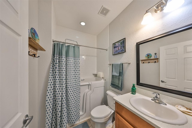 full bathroom with vanity, toilet, shower / bathtub combination with curtain, and a textured wall