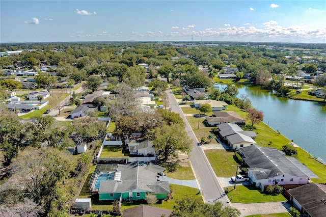 drone / aerial view with a water view