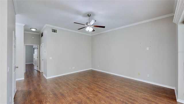 spare room with crown molding, dark wood-type flooring, and ceiling fan