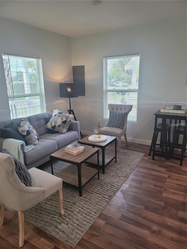 living room with a healthy amount of sunlight, dark wood-type flooring, and electric panel