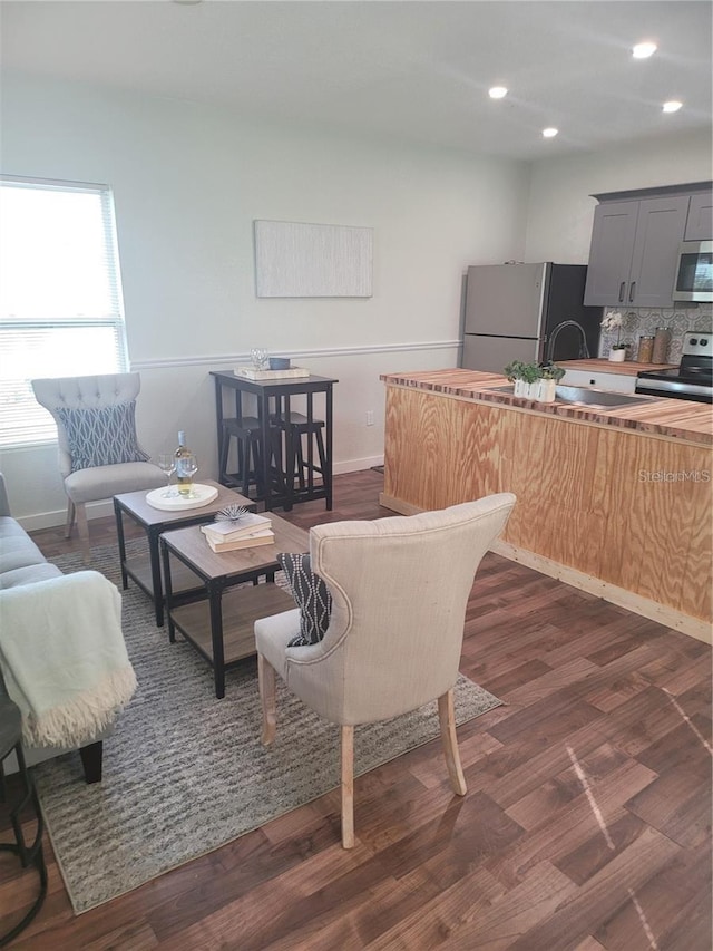 living room featuring sink and dark wood-type flooring