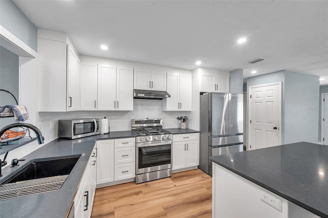 kitchen with sink, white cabinetry, light hardwood / wood-style flooring, appliances with stainless steel finishes, and backsplash