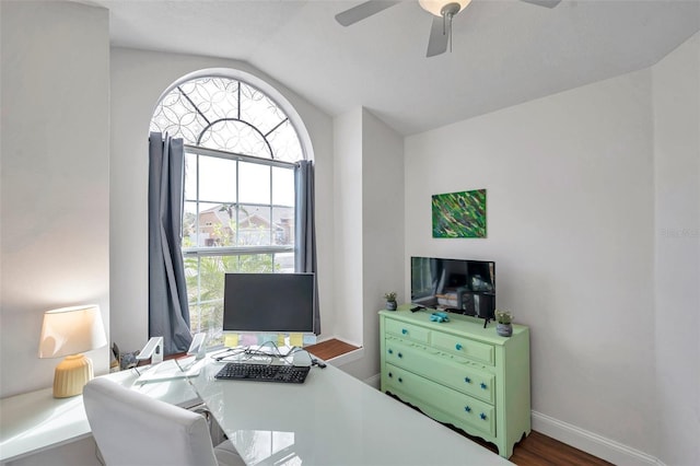 office featuring dark hardwood / wood-style flooring, lofted ceiling, and ceiling fan