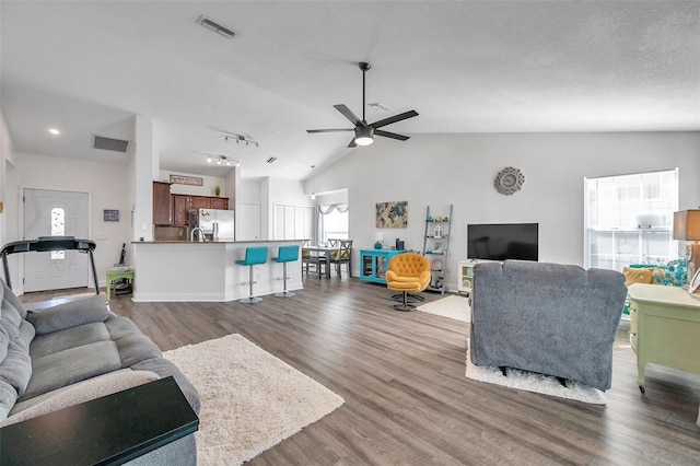 living room featuring lofted ceiling, wood-type flooring, and ceiling fan