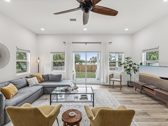 living room with ceiling fan and light hardwood / wood-style flooring