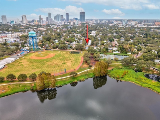 drone / aerial view with a water view