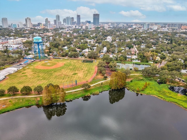 birds eye view of property featuring a water view