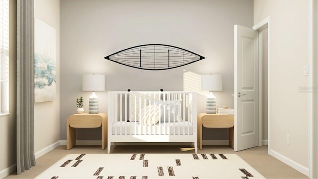 carpeted bedroom featuring a nursery area