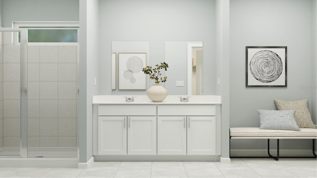 bathroom with vanity, a shower with shower door, and tile patterned floors