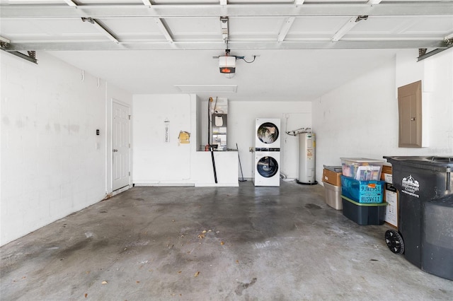 garage with electric water heater, electric panel, stacked washer and clothes dryer, and a garage door opener