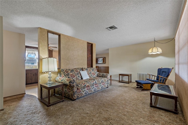 carpeted living room featuring sink and a textured ceiling