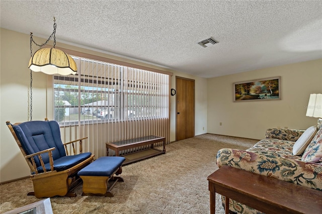 living room with carpet flooring and a textured ceiling