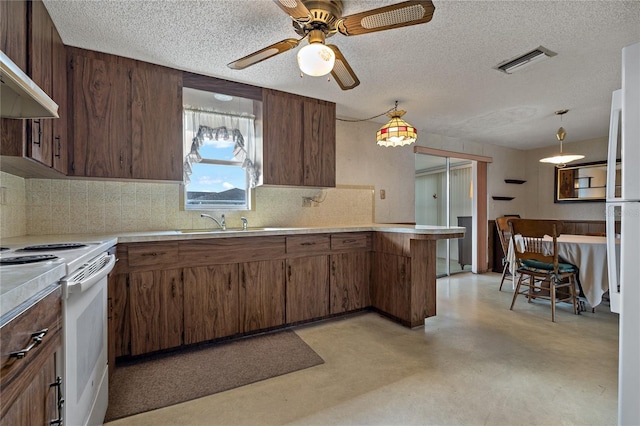 kitchen featuring ventilation hood, tasteful backsplash, white electric range oven, and decorative light fixtures