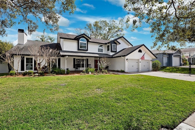 front facade featuring a garage, a porch, and a front yard