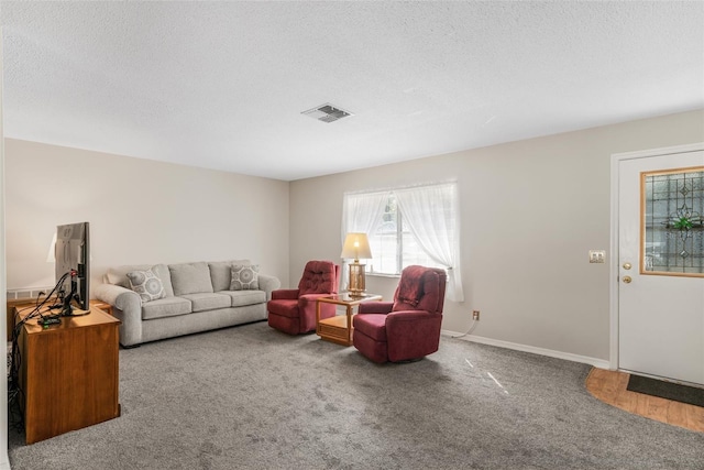 carpeted living room with a textured ceiling