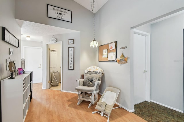 sitting room featuring light hardwood / wood-style flooring and vaulted ceiling