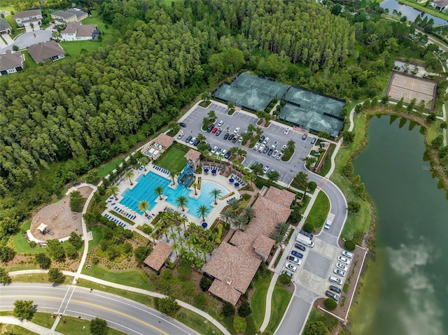 aerial view featuring a water view